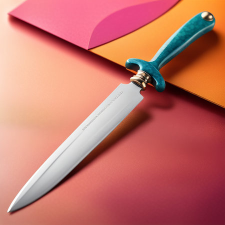 knife and color folding paper on blue background, top view.knife view.の素材