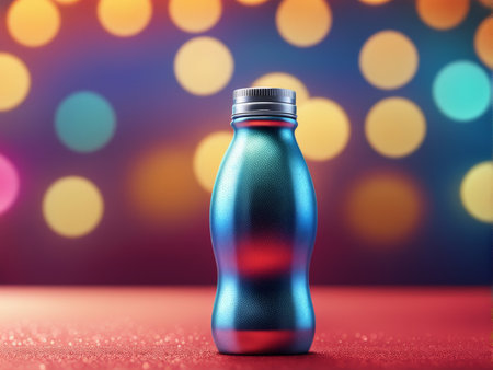 red bottle on a blue background.red background.の素材