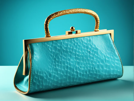 luxury fashion handbag with golden jewelry on blue backgroundの素材