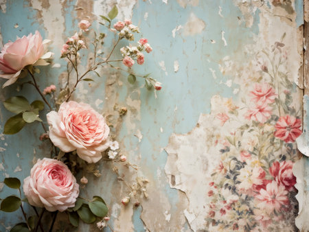 old wooden wall with a bouquet of flowers and white rose rosesの素材
