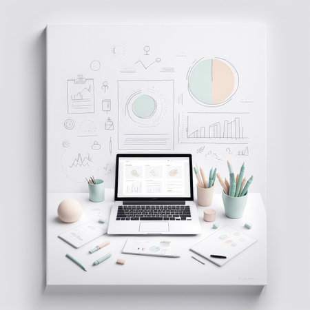 3d render illustration of modern office desk with laptop and coffee cup. mock up.の素材