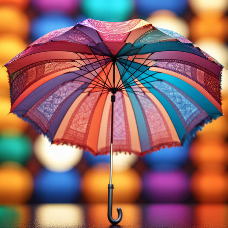 Colorful umbrella on bokeh background. 3D illustration.の素材