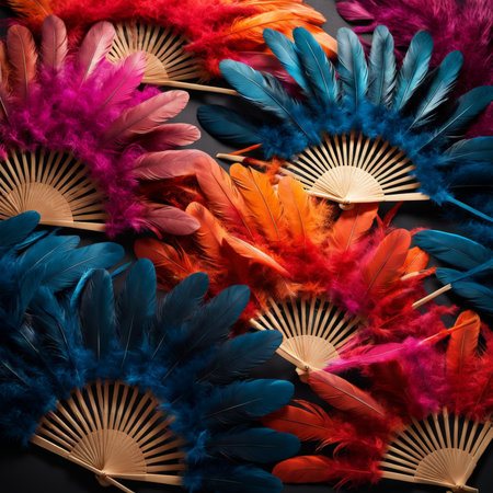 Colorful feathers and hand fan on black background, top view.の素材