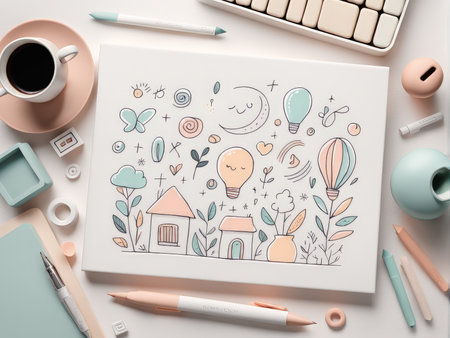 hand drawn flat lay of pastel colors. creative modern design with watercolor, paper, coffee, flowers, pencil and other items for your business.hand business.の素材