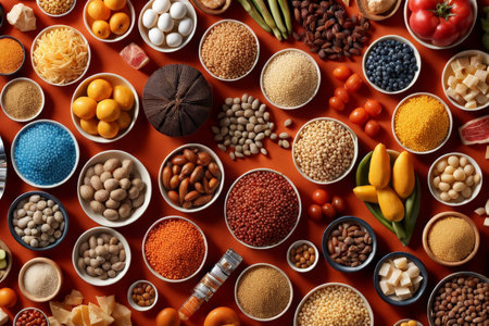 Superfoods and vegetables on orange background. Healthy food concept.の素材