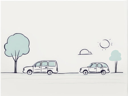 hand drawn cartoon of two cars on white backgroundの素材