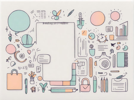 office workplace and concept. business supplies. flat lay, copy spaceの素材