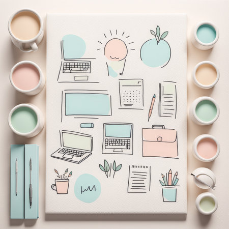 top view of office workplace with stationery and coffee cup on pastel background stationaryの素材