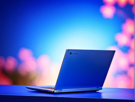 Laptop on blue table in front of colorful bokeh backgroundの素材