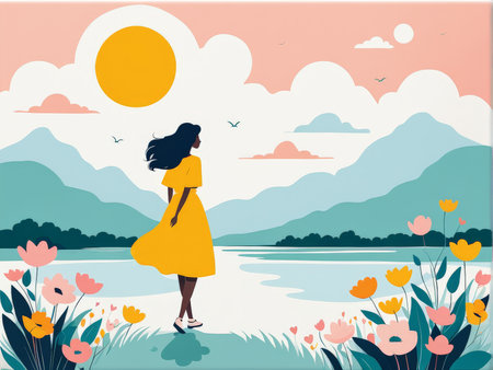 beautiful woman in the park with flowers. vector illustration eps 1 0の素材