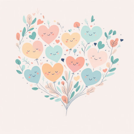 cute hand drawn doodle hearts and leavesの素材