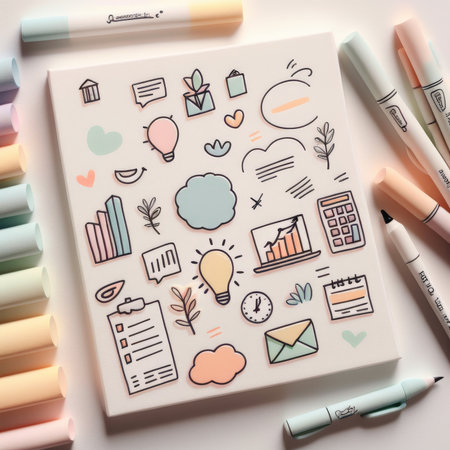 colorful pencils, paper, pen, notepad and other supplies on white table.colorful table.の素材