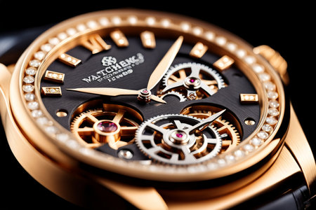 Wristwatch closeup. Luxury wristwatch on black backgroundの素材