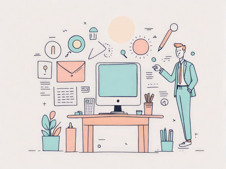 flat design illustration of a man holding computer and pen. concept for work in the office.flat office.の素材