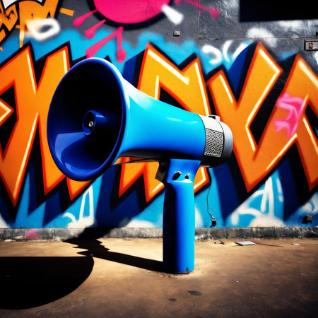 Megaphone in front of a graffiti wall. Urban scene.の素材