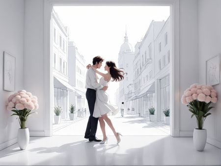 young couple with a white bouquet of flowers. 3d illustration.young illustration.の素材