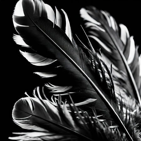 Black and white feathers on a black background. Macro photo of feathers.の素材