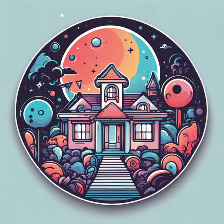 vintage house and moon in retro design.の素材