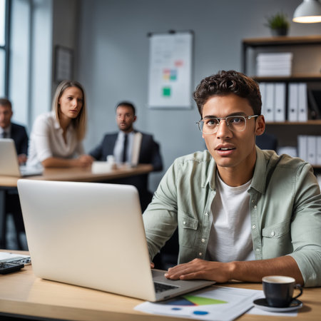 young man in casual wear looking at camera while working officeの素材