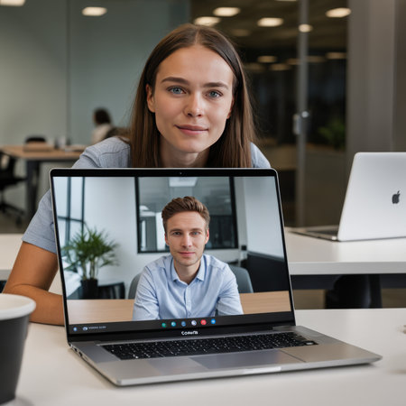 young woman with headset working in officeの素材