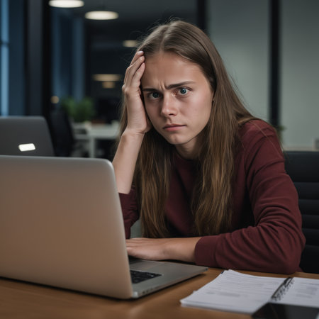 young caucasian woman sitting at the office with computer laptop and tired face expression, fatigue sleepy stress anxiety in morningの素材