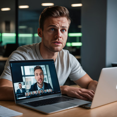 young businessman having video call on laptop during meeting with colleagues in office.の素材