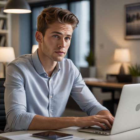 young businessman working on laptop in officeの素材
