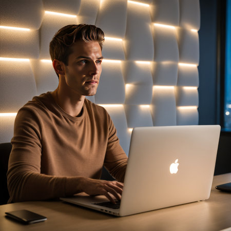 young man using laptop at home.の素材