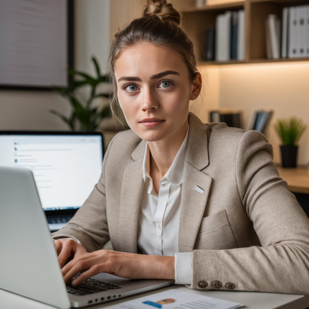 young woman using laptop at workplaceの素材
