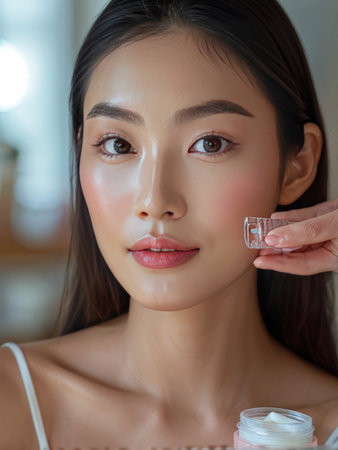 young asian woman holding jar of serum and looking at camera on faceの素材