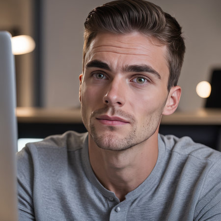 young man in eyeglasses sitting on desk modern officeの素材
