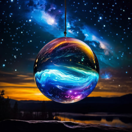 christmas ball with lights and stars in night sky.の素材