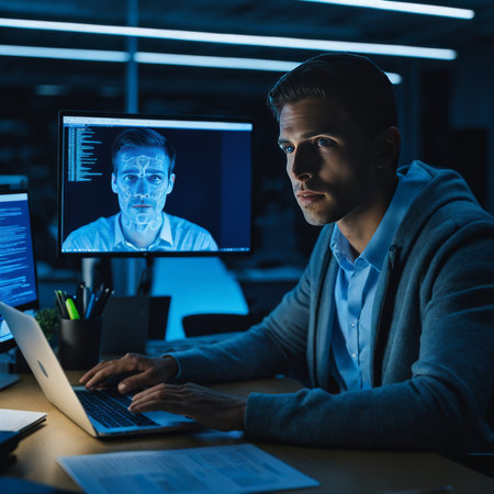 man in dark office using computer and laptopの素材