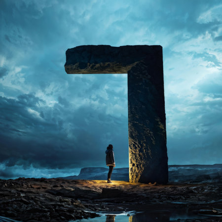 woman standing on stone with a the top of mountain. mixed mediaの素材