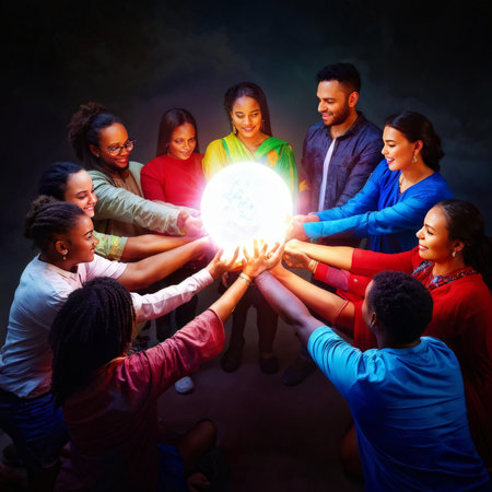 happy multiethnic group of young people with a ball different nationalities in the studio.の素材