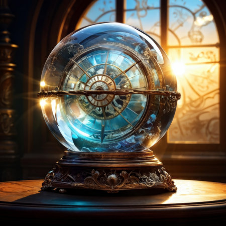 glass globe with compass and on a dark background. 3d imageの素材