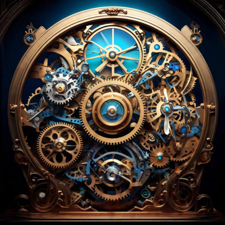 old wooden mechanical clock with a gears on black backgroundの素材