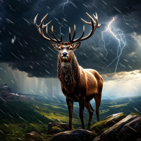 illustration of a deer on the background storm and cloudsの素材