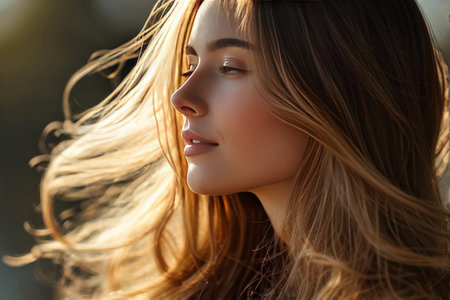 close up portrait of beautiful woman with natural makeup and long brown hair. beauty, fashion, style, cosmetics, skincare. high quality photo womenの素材