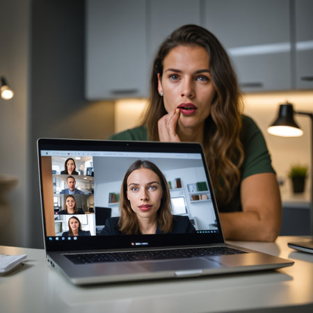 group of young women using a laptop during video call.の素材