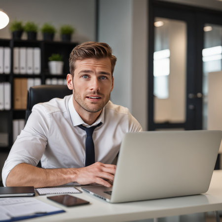 young businessman working with laptop in officeの素材
