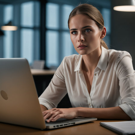 serious young woman working with laptop in dark officeの素材