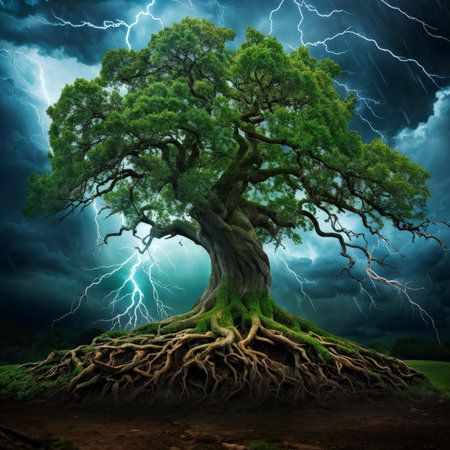 big tree with lightning and stormの素材