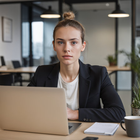 young woman looking serious and serious, thinking at workplace with a business person, making decision conceptの素材