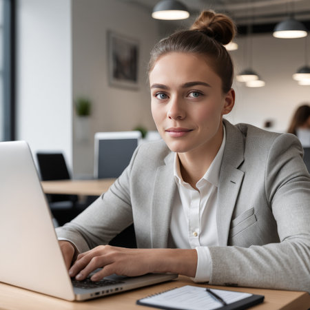 portrait of young businesswoman working at laptop workplaceの素材