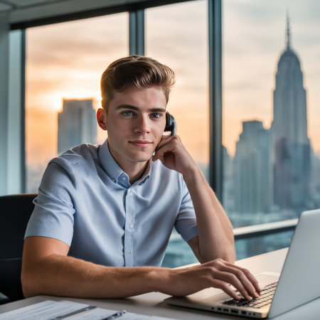 portrait of handsome smiling young businessman in officeの素材