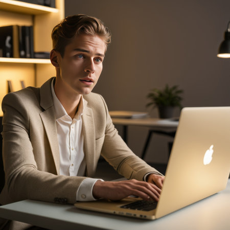 young businessman working in modern office at nightの素材