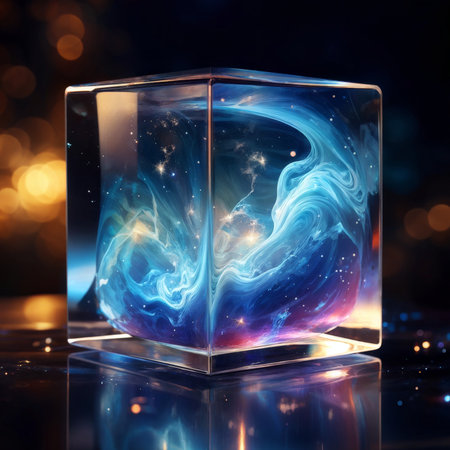 glass globe with glowing cubes and lights inside.の素材