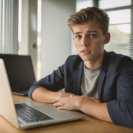 serious businessman working on laptop in officeの素材