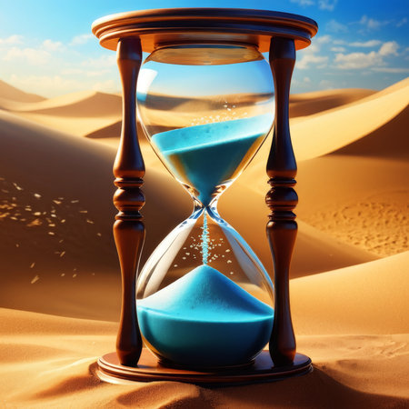 glass hourglass in sand with sunsetの素材